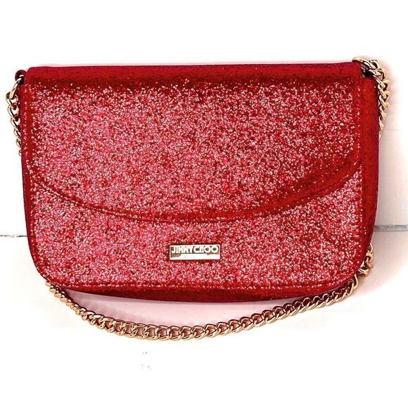 Jimmy Choo Parfume Red Glitter Good Chain Clutch Shoulder Handbag COA - Picture 1 of 11